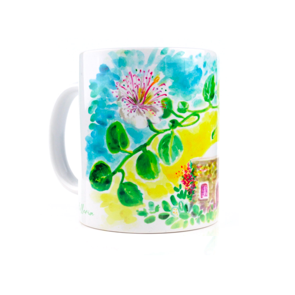 Tazza in ceramica lucida con disegno di un dammuso di pantelleria
