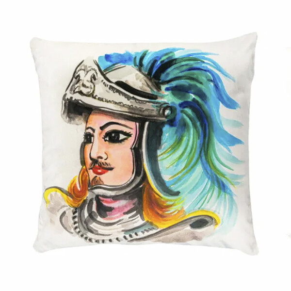 Cuscino in velluto con disegno ad acquerello di un pupo siciliano