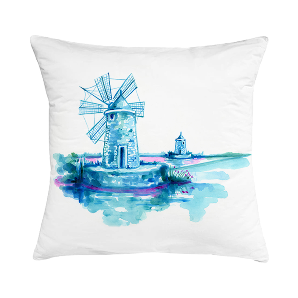 Cuscino in cotone con disegno ad acquerello blu di un antico mulino