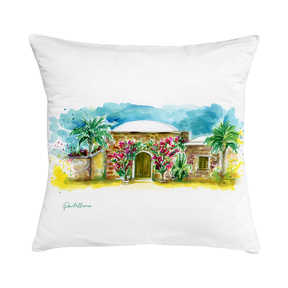 Cuscino in cotone con disegno ad acquerello di un dammuso di Pantelleria