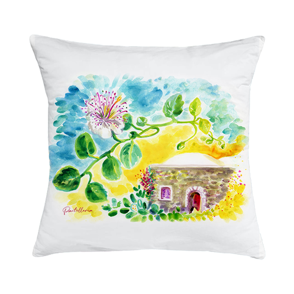 Cuscino in cotone con disegno ad acquerello di un dammuso di Pantelleria