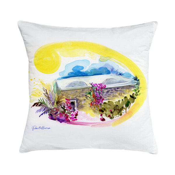Cuscino in cotone con disegno ad acquerello di un dammuso di Pantelleria