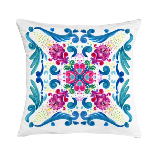 Cuscino in cotone con disegno ad acquerello di una maiolica siciliana