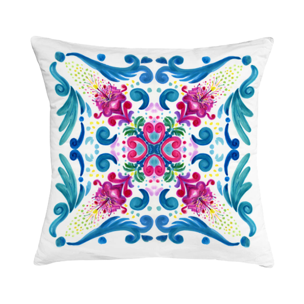 Cuscino in cotone con disegno ad acquerello di una maiolica siciliana