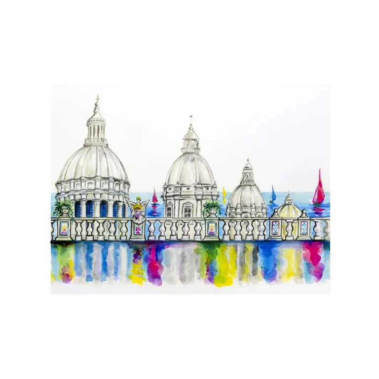Litografia con disegno ad acquerello di vista sulle cupole della città