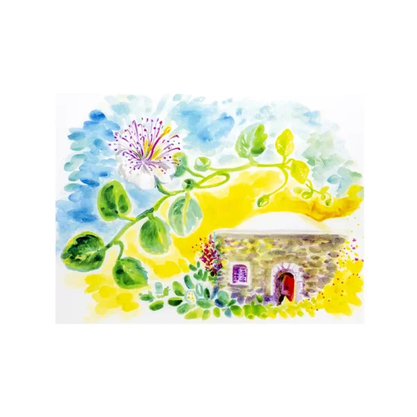 Litografia con disegno ad acquerello di un dammuso di Pantelleria