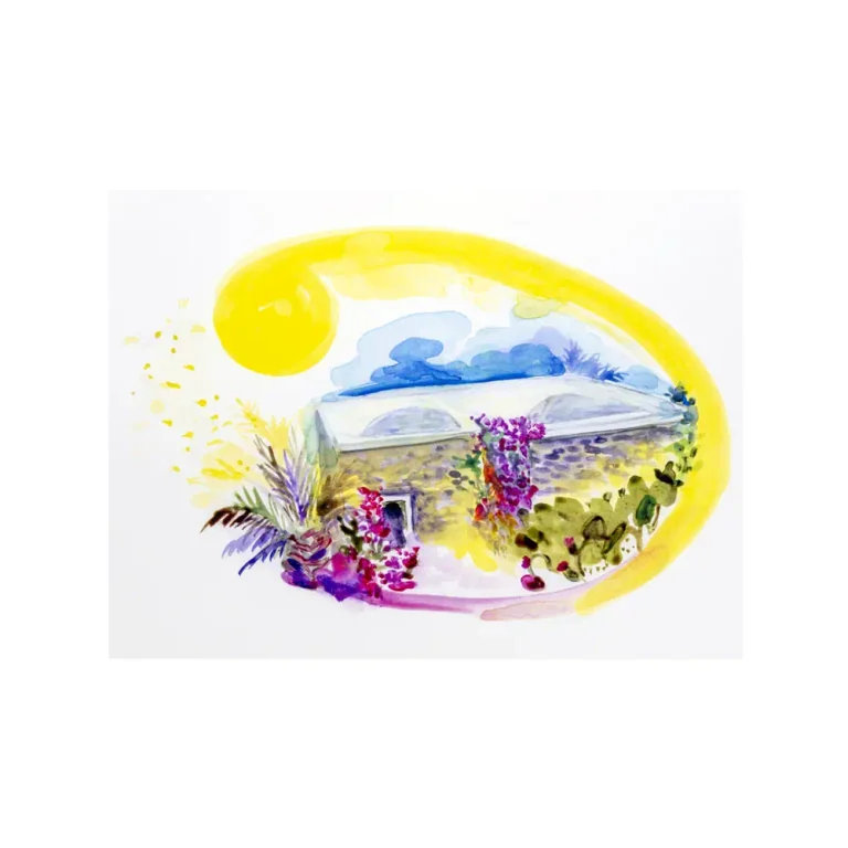 Litografia con disegno ad acquerello di un dammuso di Pantelleria