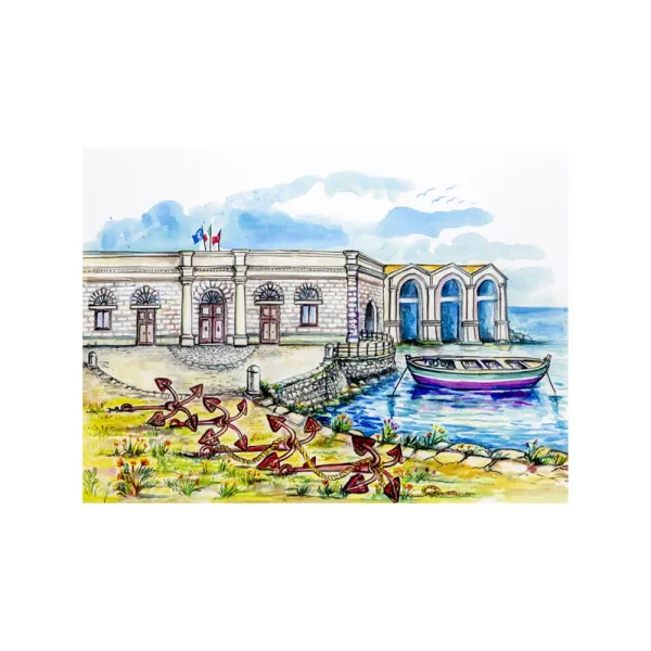 Litografia con disegno ad acquerello di una tonnara