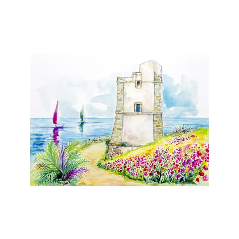 Litografia con disegno ad acquerello di una torre saracena