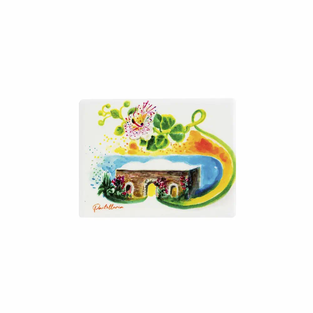 Magnete in stile siciliano con disegno ad acquerello di un dammuso di pantelleria