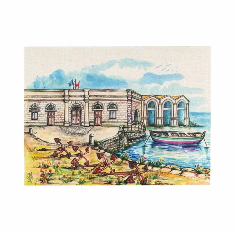 Tovaglietta in juta con disegno di una tonnara