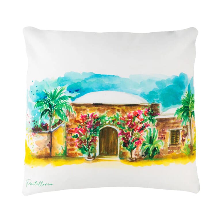 Cuscino in velluto con disegno ad acquerello di un dammuso di Pantelleria