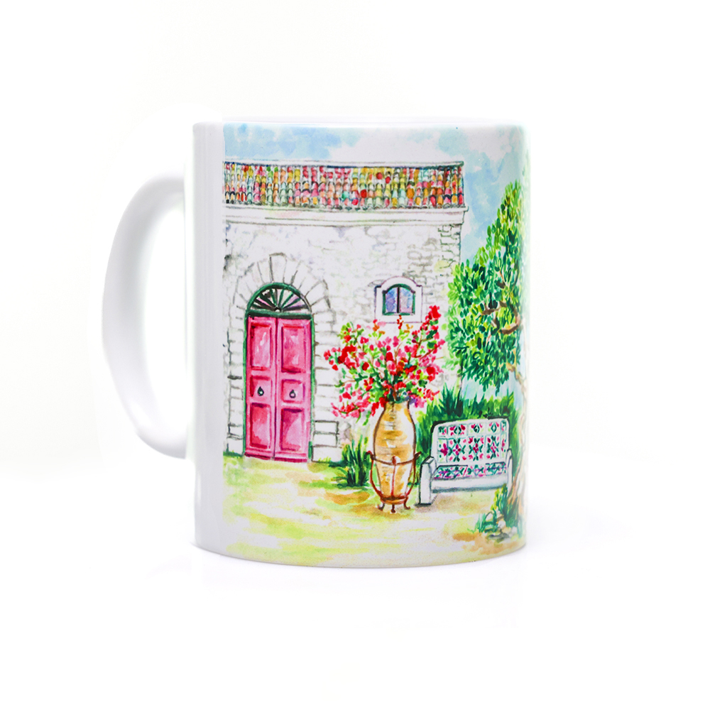 Tazza in ceramica lucida con disegno di un ulivo secolare
