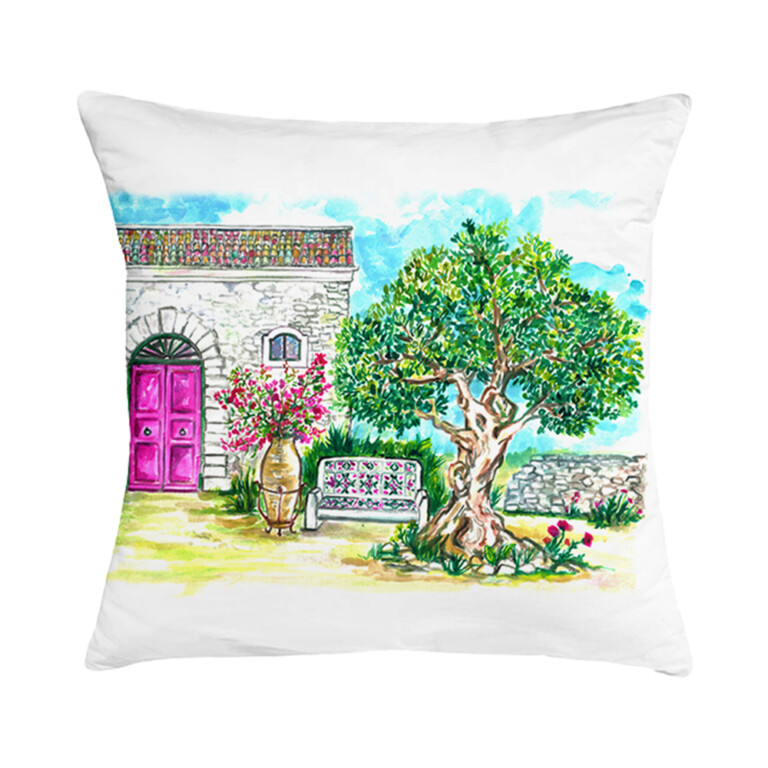 Cuscino in cotone con disegno ad acquerello di un ulivo secolare